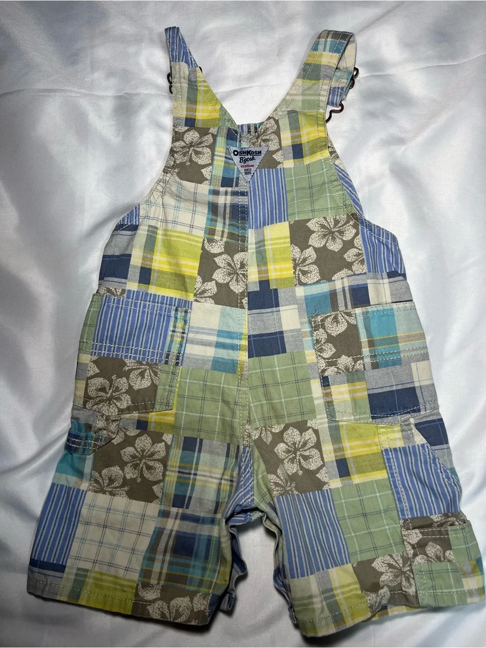 Vintage OshKosh Short Overalls 24M Patchwork Plaid Hawaiian Romper Vestbak